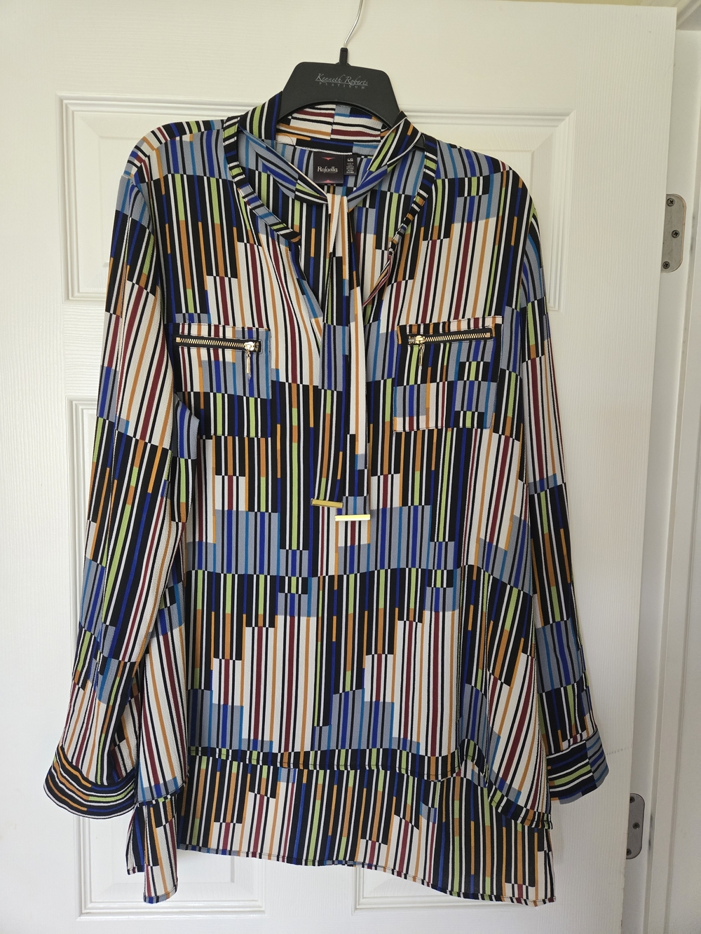 Rafaella Geometric Multistripe V-Neck Blouse in Blue, Black & White